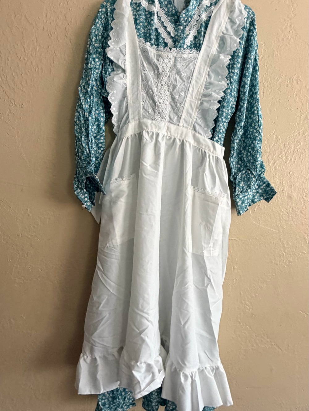 Women's White Lace-Front Apron Dress with Teal Floral Underlay